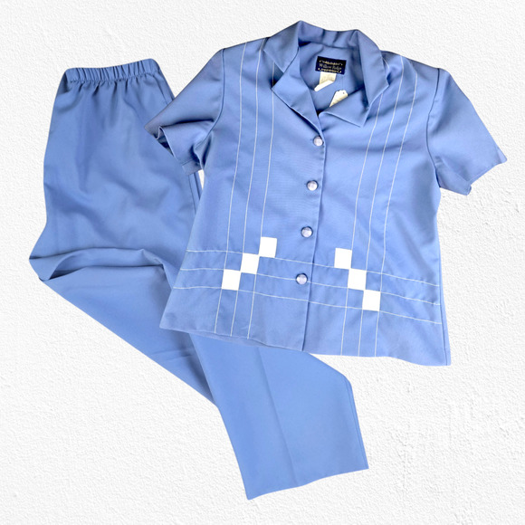 80s Vintage Willow Ridge Periwinkle Blue Retro Top Pants Set USA Made Size 14P - Picture 1 of 15